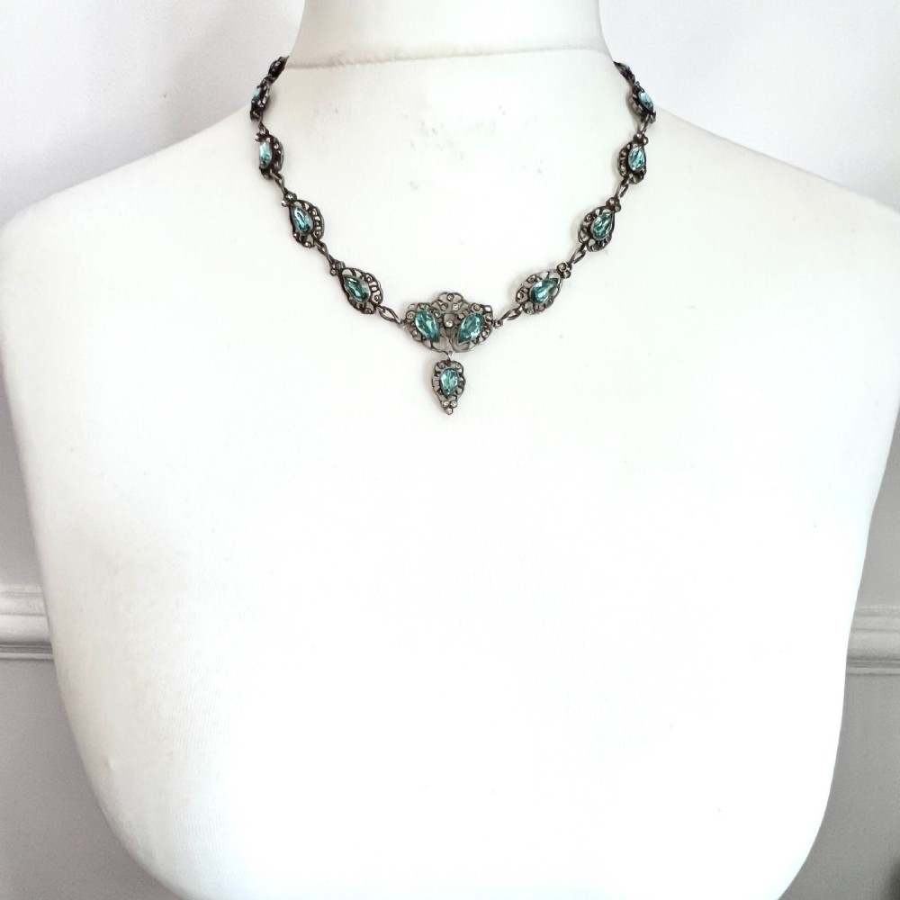 19th Century Foiled Aquamarine Paste Silver Necklace View VI