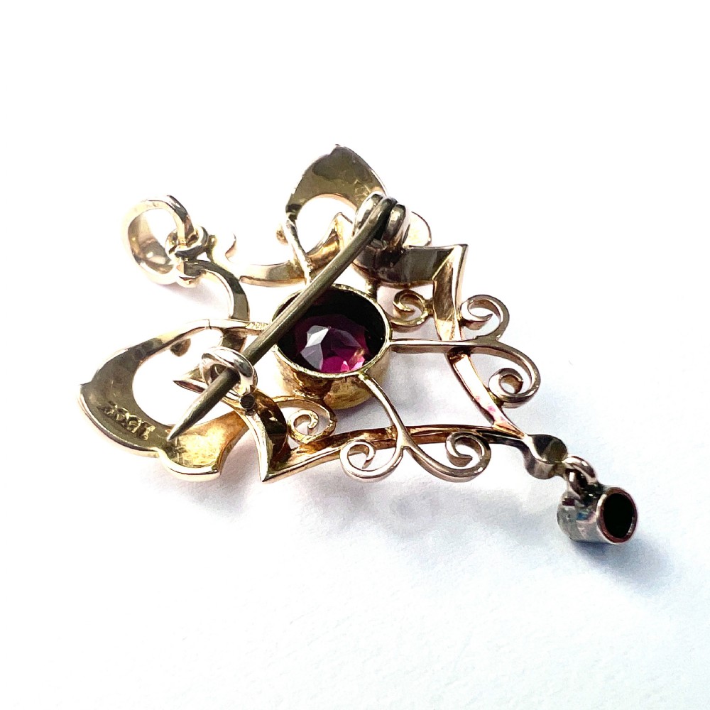 Edwardian 15CT Gold Diamond and Garnet Lavalier Pendant View IV