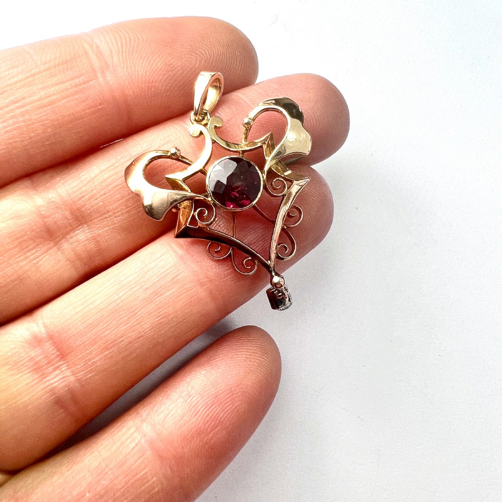 Edwardian 15CT Gold Diamond and Garnet Lavalier Pendant View VI