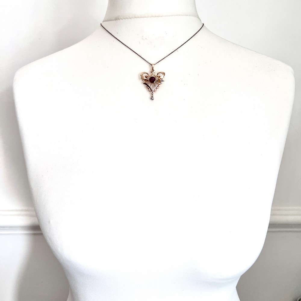 Edwardian 15CT Gold Diamond and Garnet Lavalier Pendant View VII