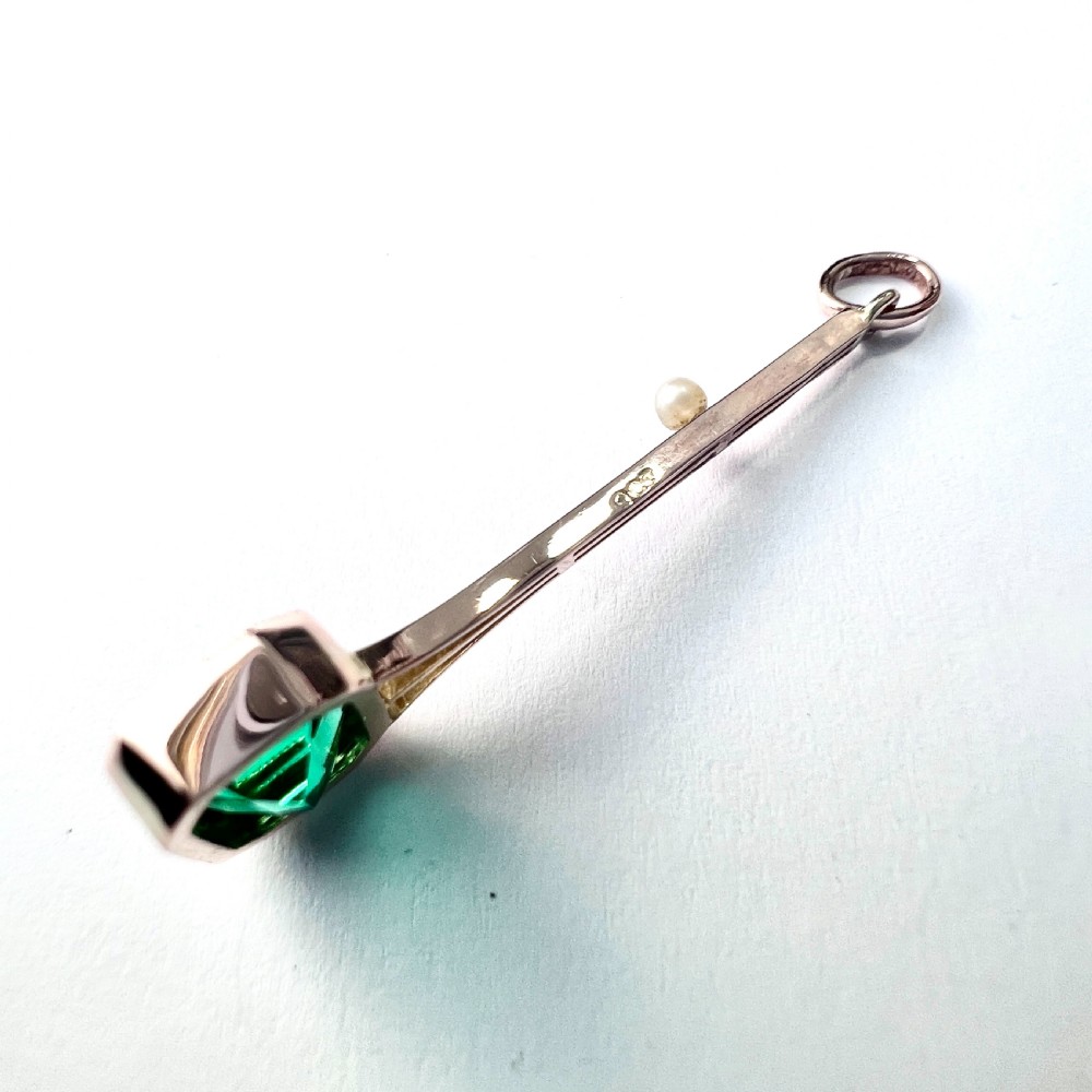 9CT Gold Edwardian Art Deco Emerald Paste and Pearl Pendant View IV