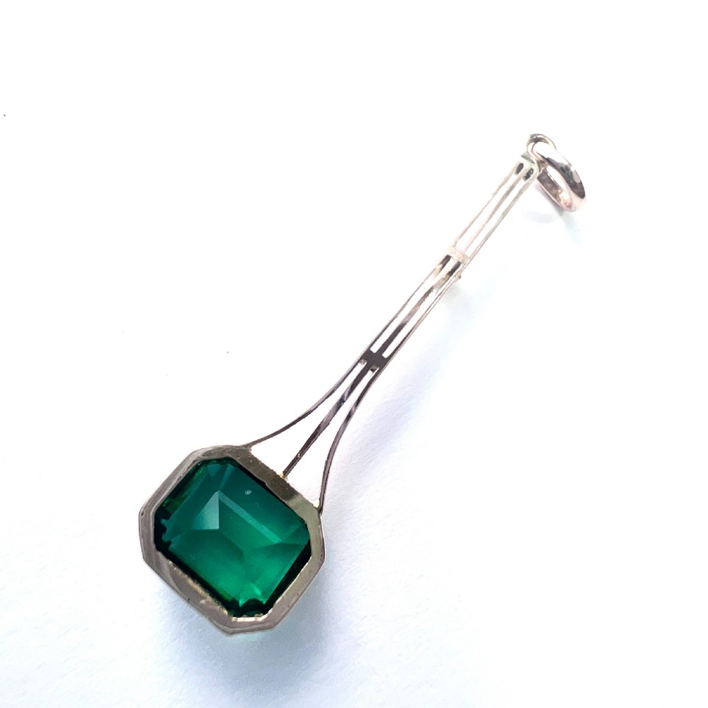 9CT Gold Edwardian Art Deco Emerald Paste and Pearl Pendant View V