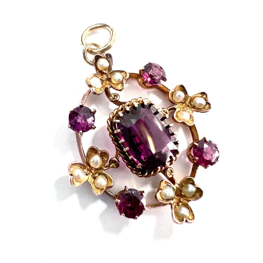Edwardian 9CT Gold Gemstone Seed Pearl Pendant