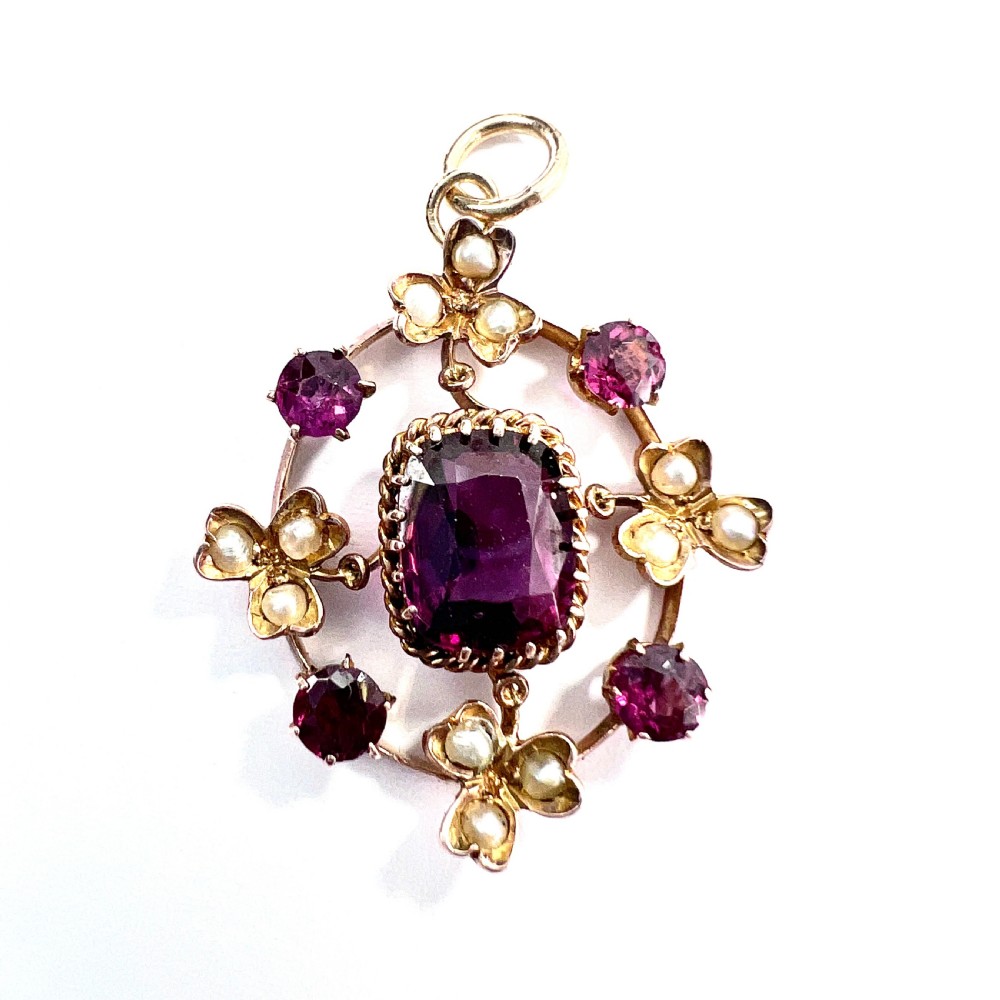 Edwardian 9CT Gold Gemstone Seed Pearl Pendant View II