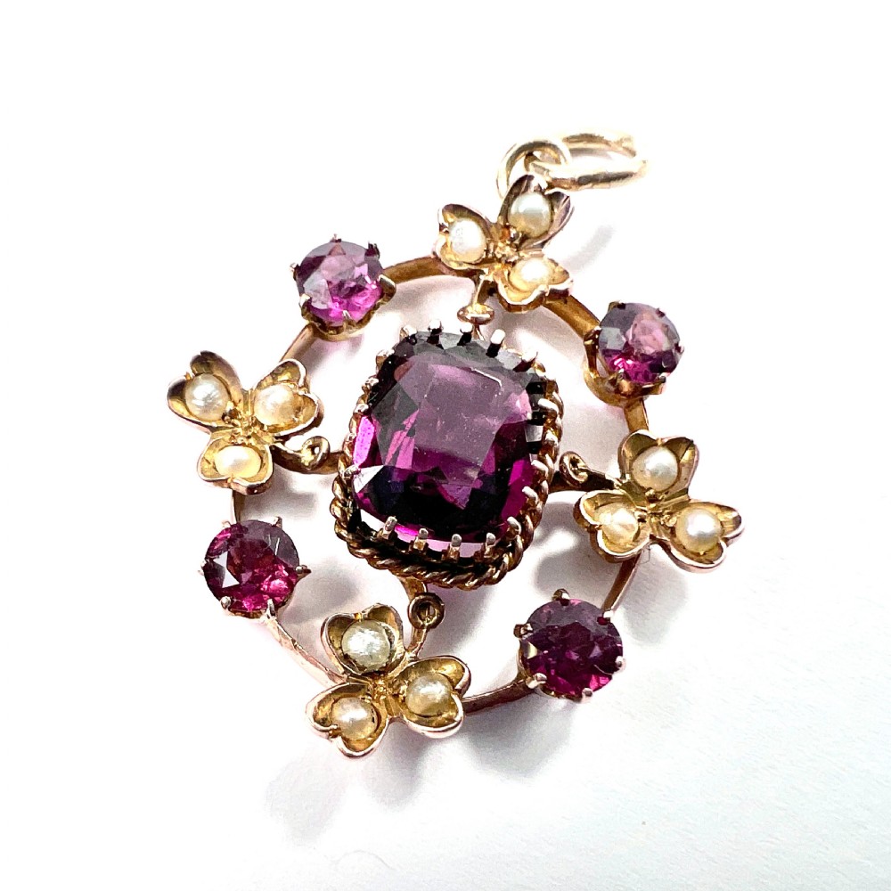 Edwardian 9CT Gold Gemstone Seed Pearl Pendant View III