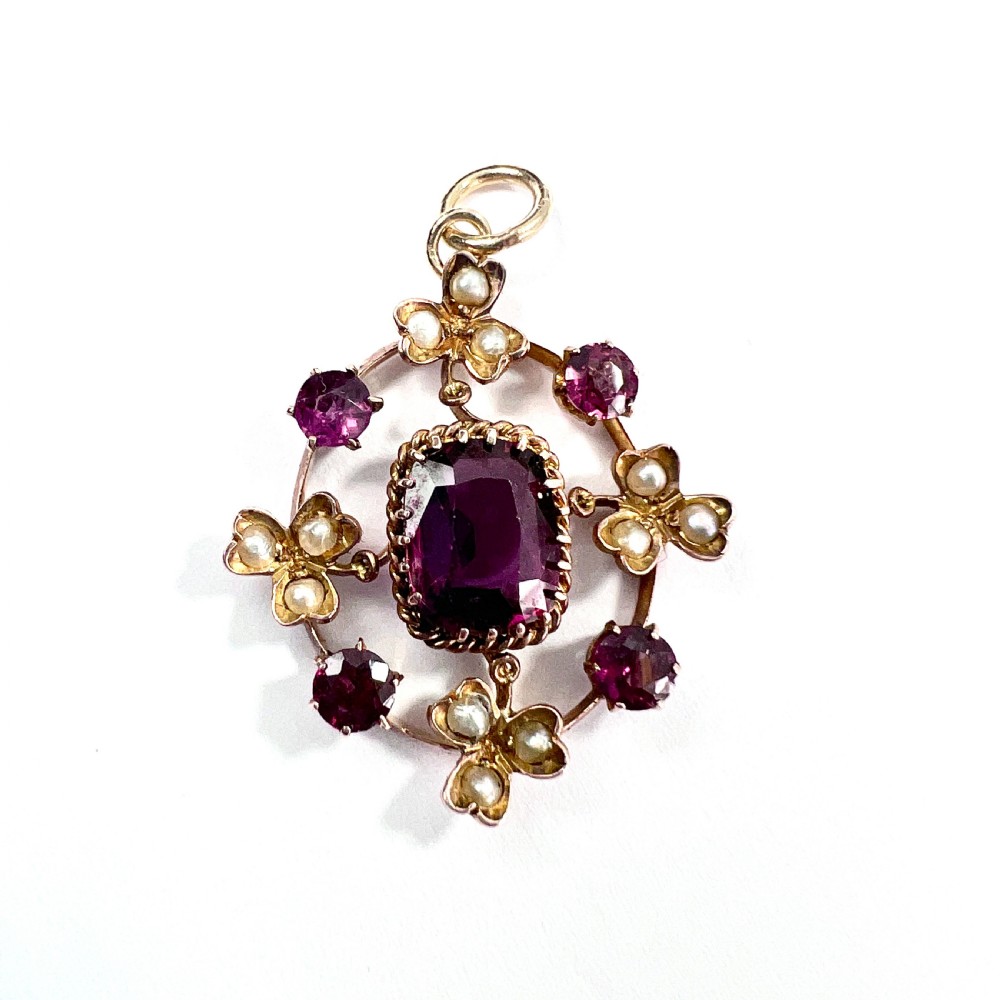 Edwardian 9CT Gold Gemstone Seed Pearl Pendant View VI