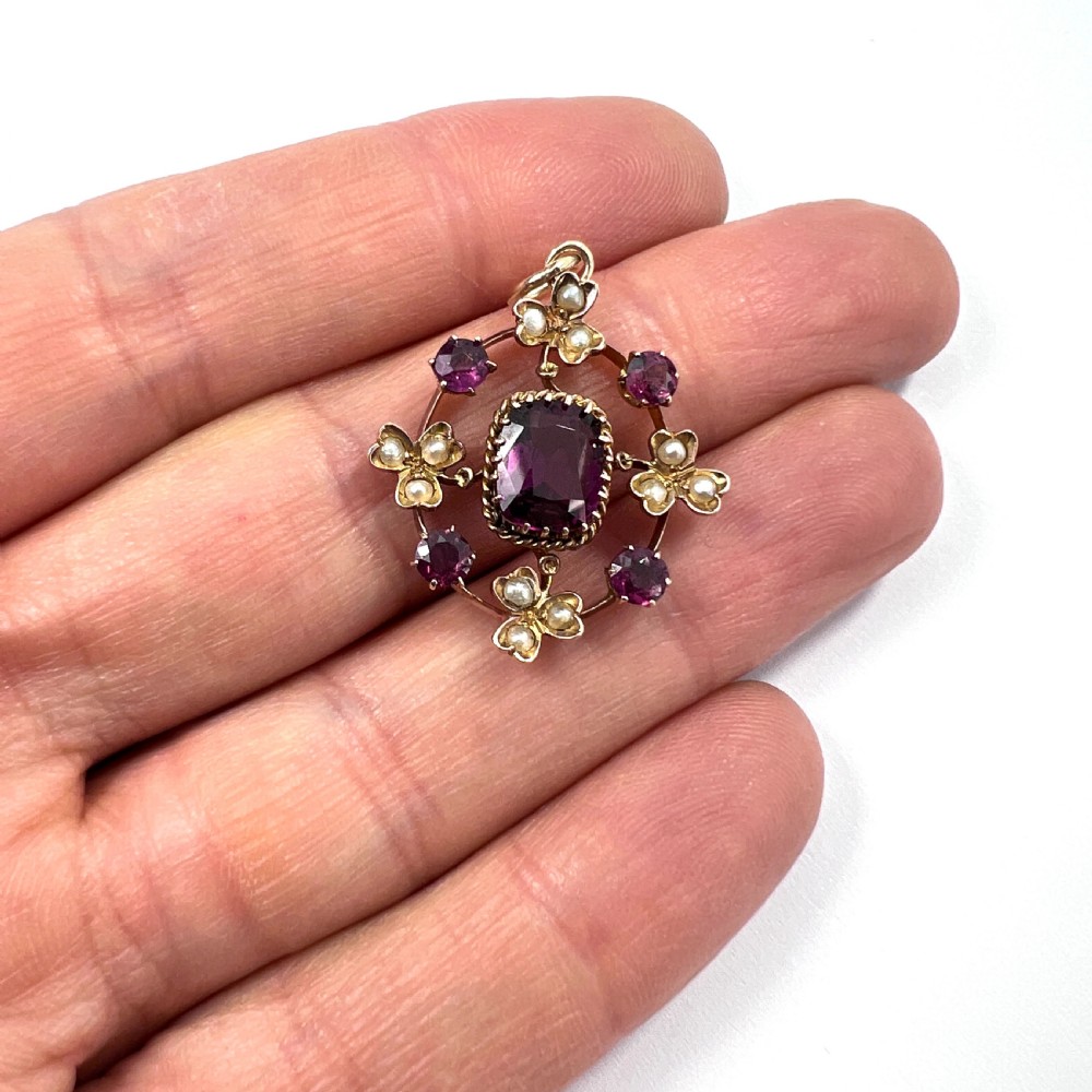 Edwardian 9CT Gold Gemstone Seed Pearl Pendant View VII