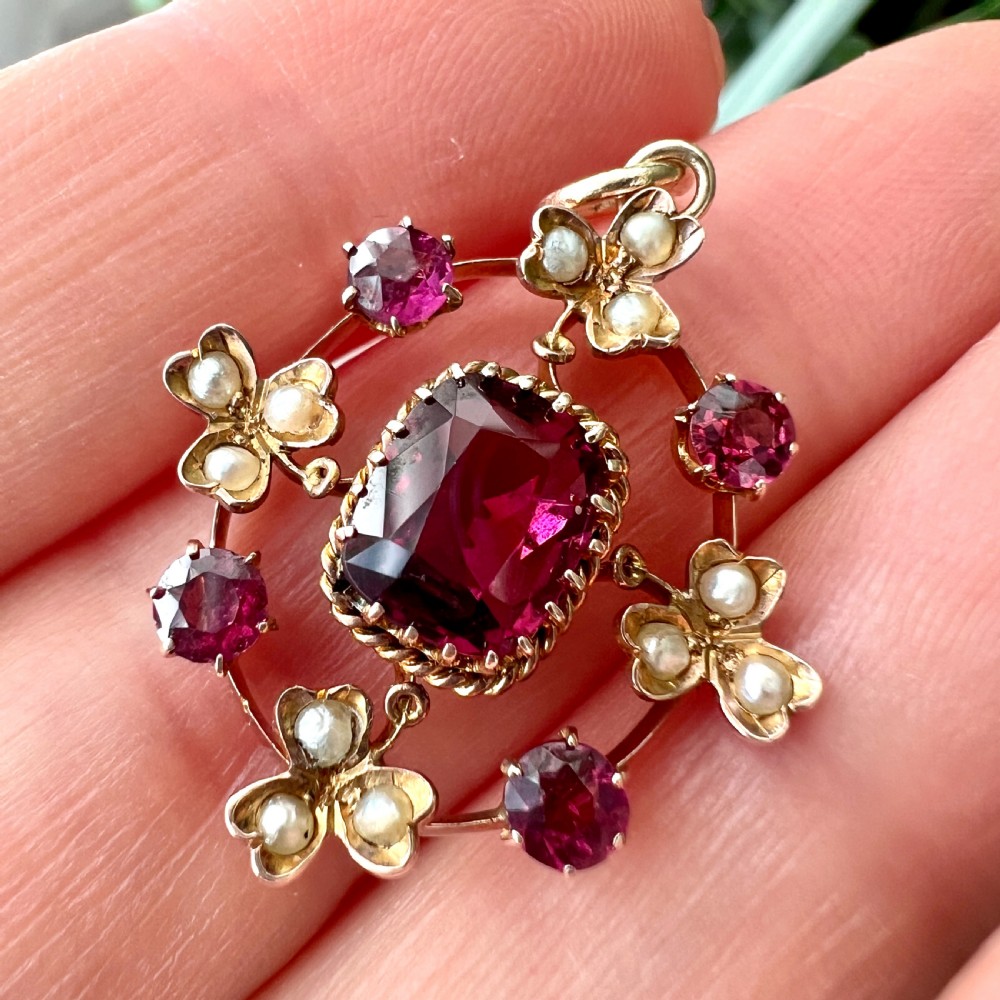 Edwardian 9CT Gold Gemstone Seed Pearl Pendant View IX