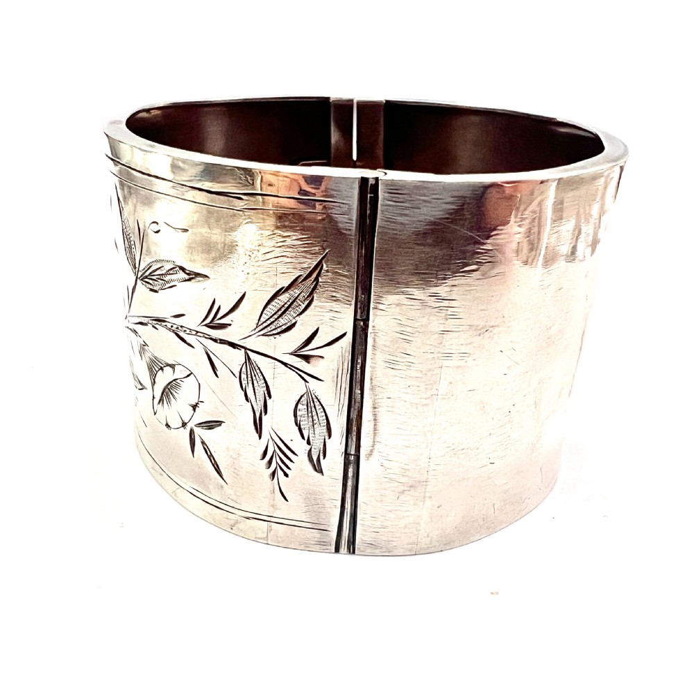 • Victorian Wide Sterling Silver Hinged Cuff Bangle View III