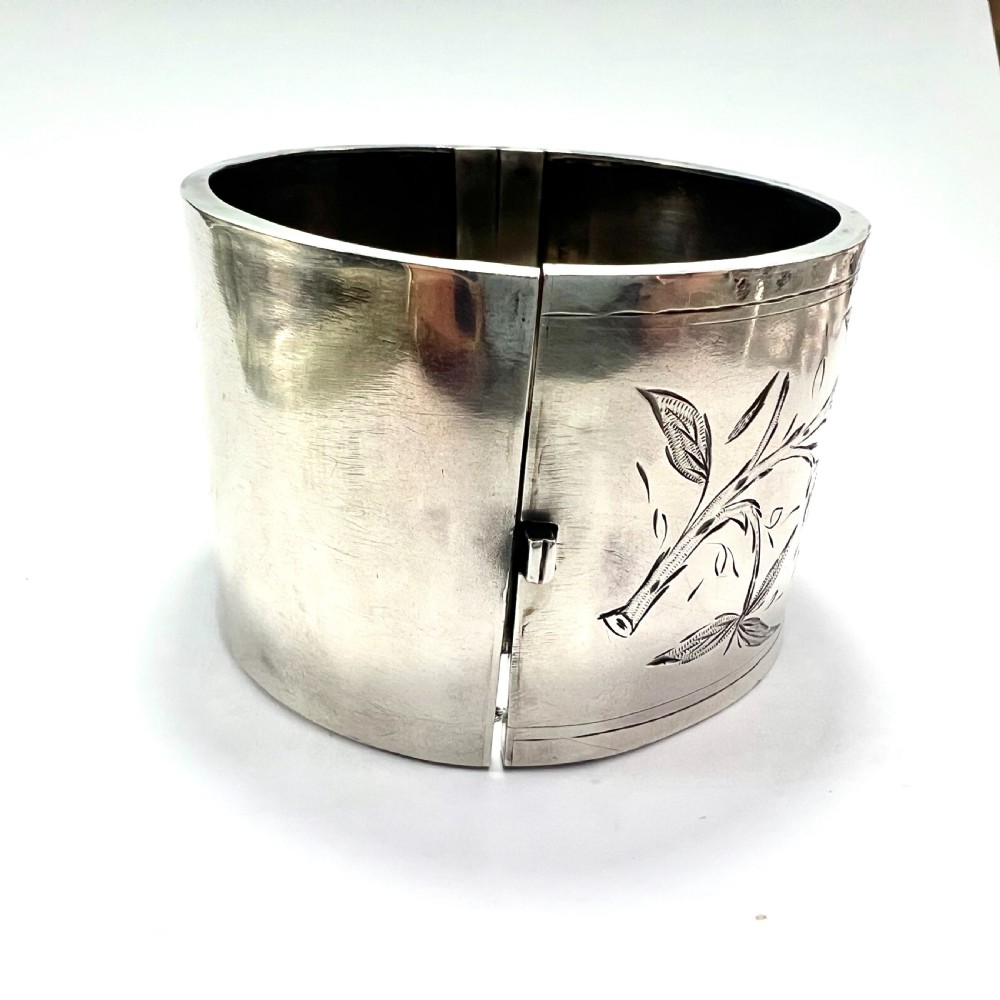 • Victorian Wide Sterling Silver Hinged Cuff Bangle View V