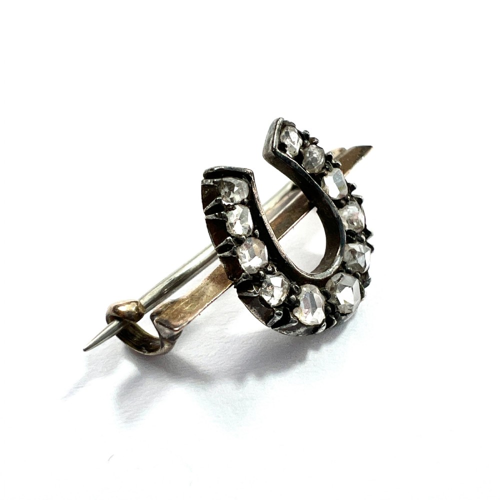 Tiny Victorian Diamond Horseshoe Brooch in Gold and Silver View II