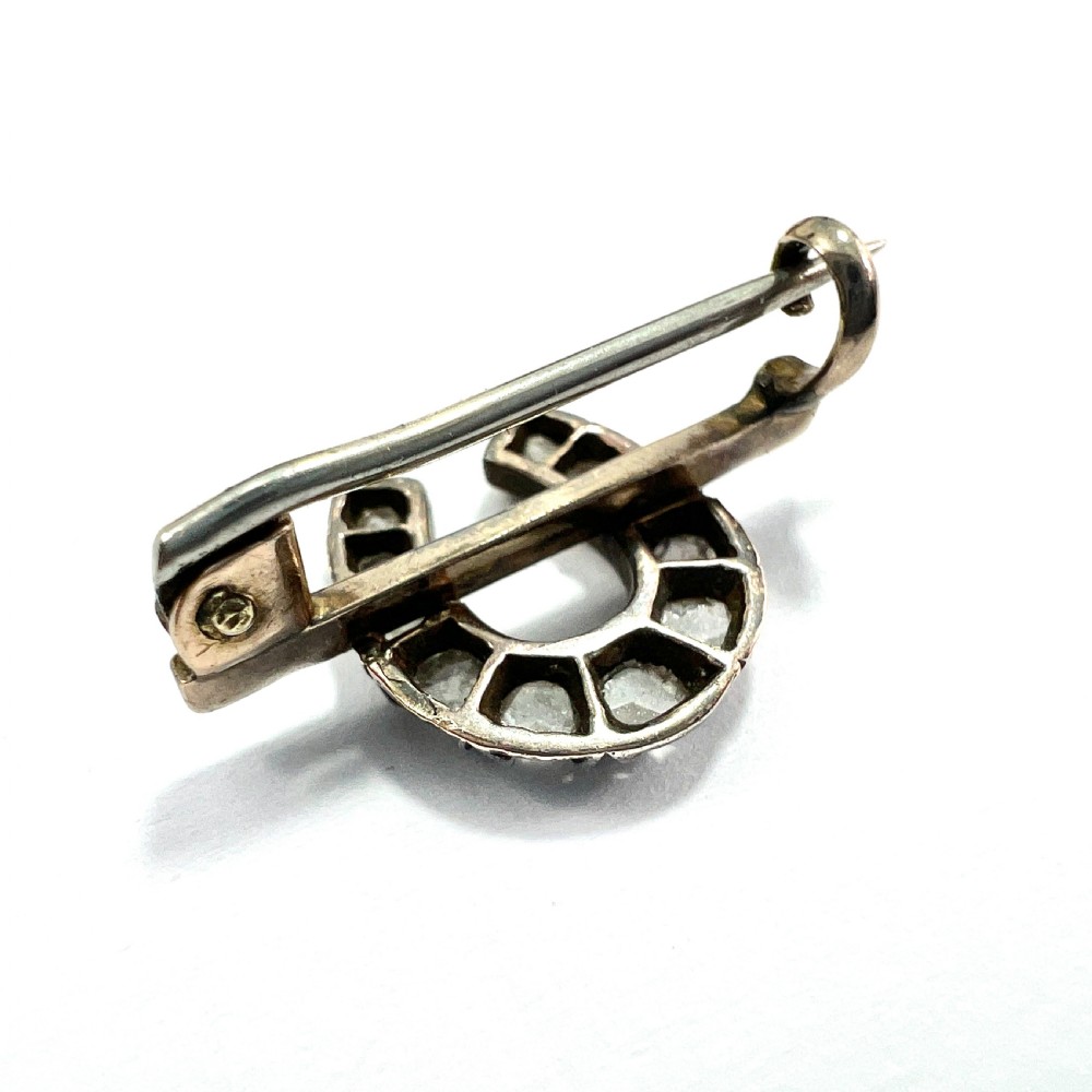 Tiny Victorian Diamond Horseshoe Brooch in Gold and Silver View III