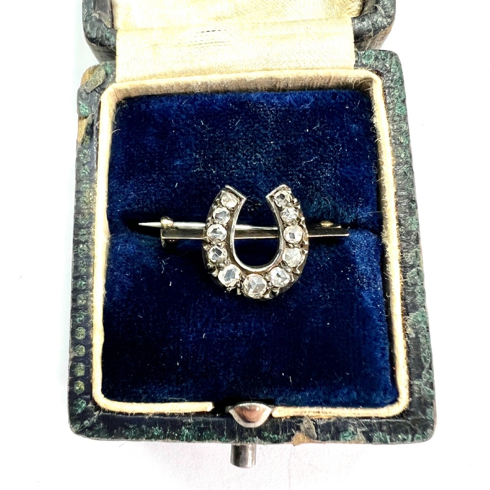 Tiny Victorian Diamond Horseshoe Brooch in Gold and Silver View V