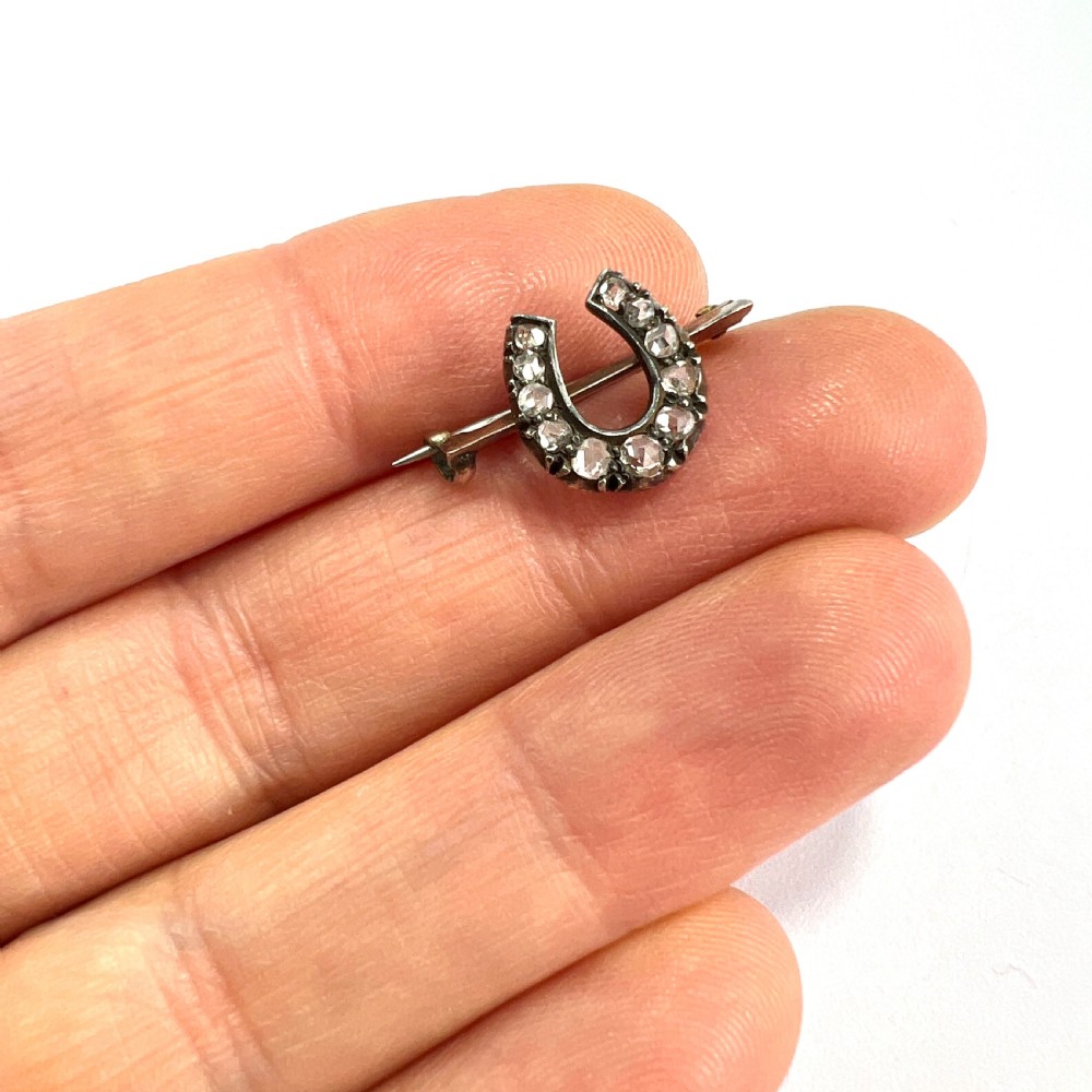 Tiny Victorian Diamond Horseshoe Brooch in Gold and Silver View VI