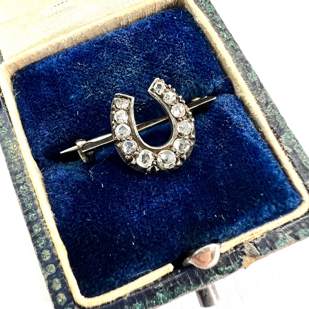 Tiny Victorian Diamond Horseshoe Brooch in Gold and Silver View VIII