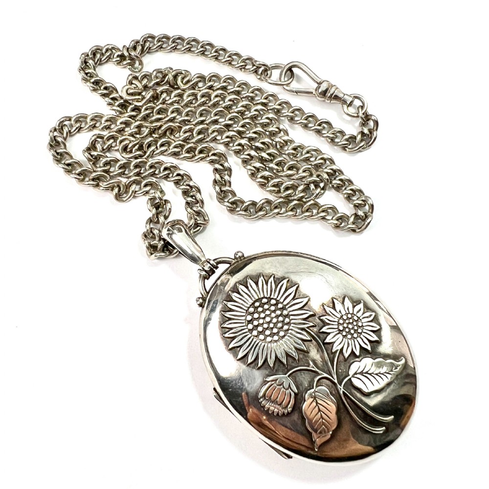 Large Victorian Silver Sunflower Photograph Locket Necklace