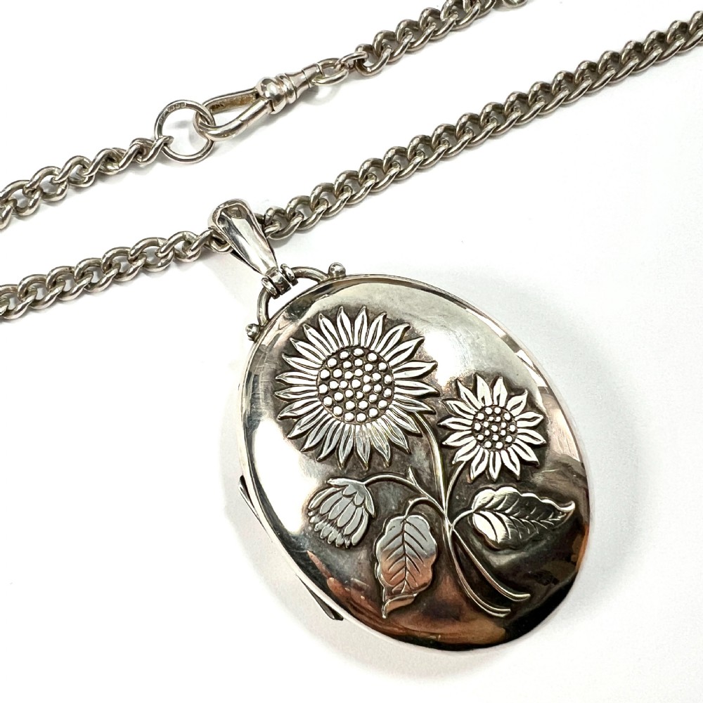 Large Victorian Silver Sunflower Photograph Locket Necklace View II