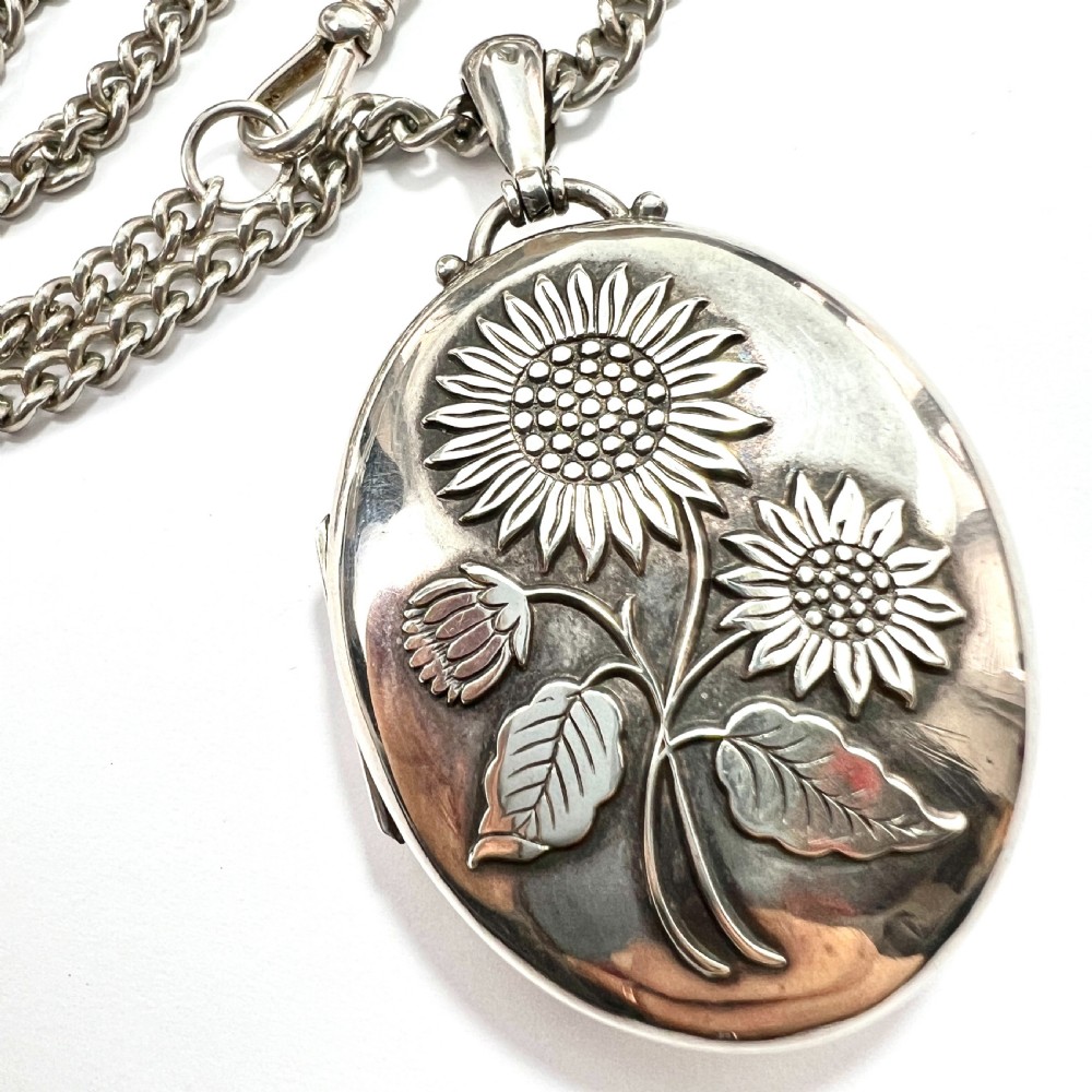 Large Victorian Silver Sunflower Photograph Locket Necklace View III