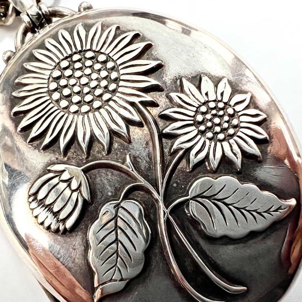 Large Victorian Silver Sunflower Photograph Locket Necklace View IV