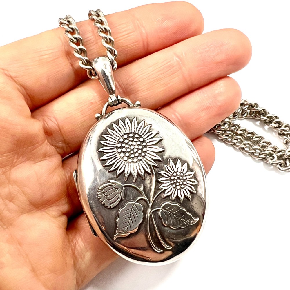 Large Victorian Silver Sunflower Photograph Locket Necklace View VII