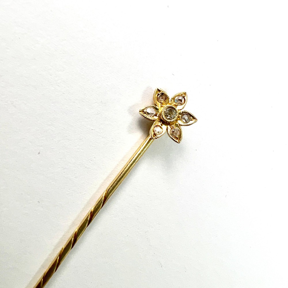Antique Diamond 14CT Gold Flower Stick Pin View V