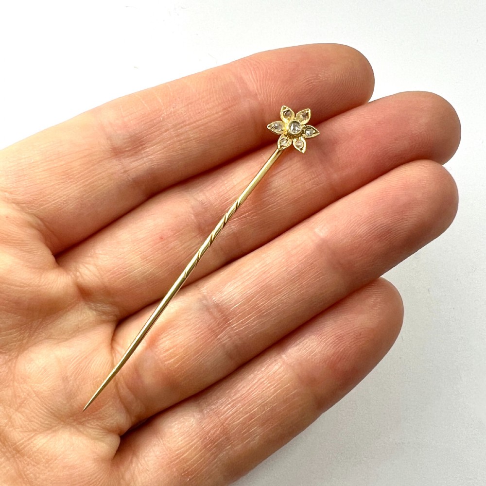 Antique Diamond 14CT Gold Flower Stick Pin View VII