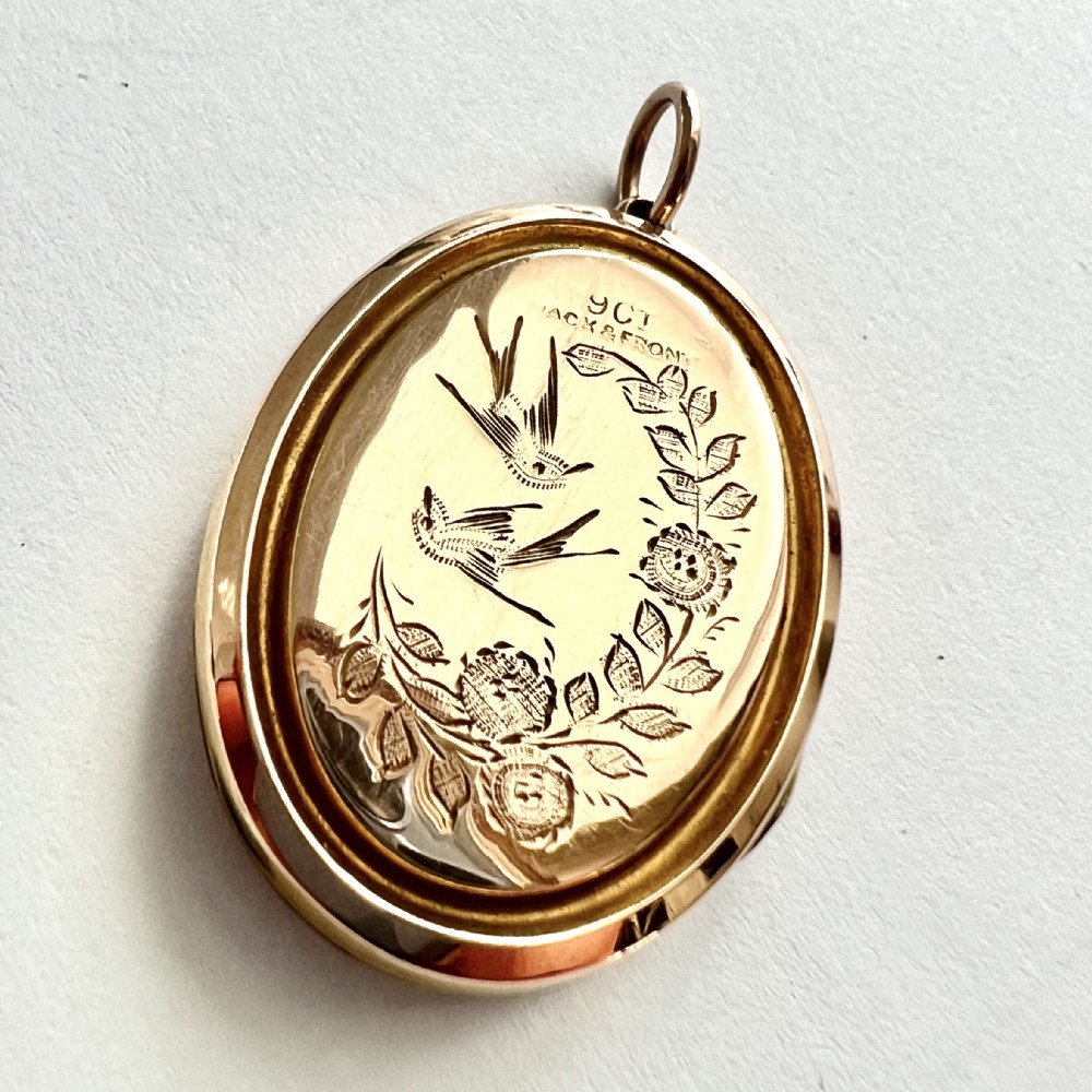 Victorian 9CT Gold Back & Front Bird Flower Basket Locket Pendant