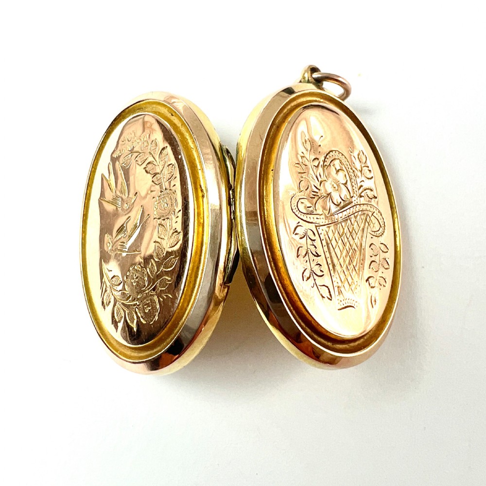 Victorian 9CT Gold Back & Front Bird Flower Basket Locket Pendant View III