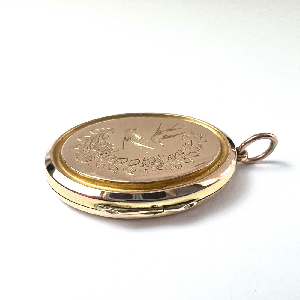 Victorian 9CT Gold Back & Front Bird Flower Basket Locket Pendant View V