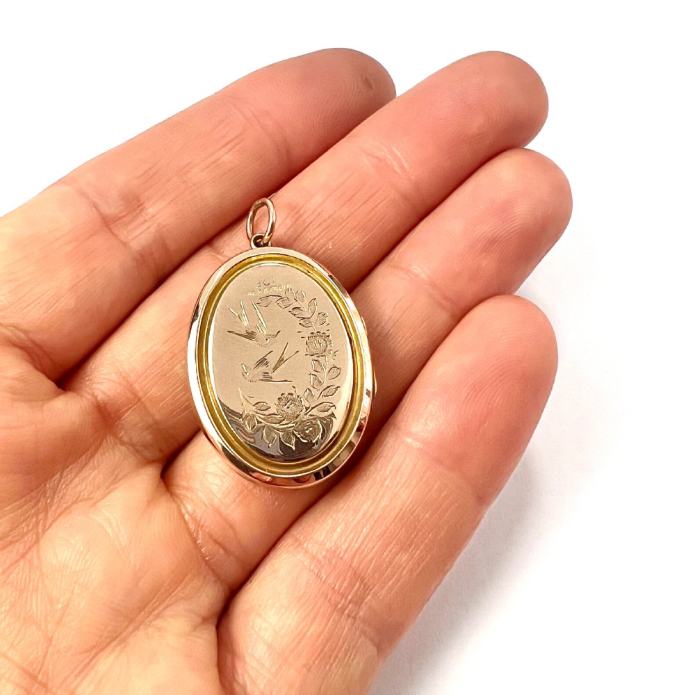 Victorian 9CT Gold Back & Front Bird Flower Basket Locket Pendant View VII