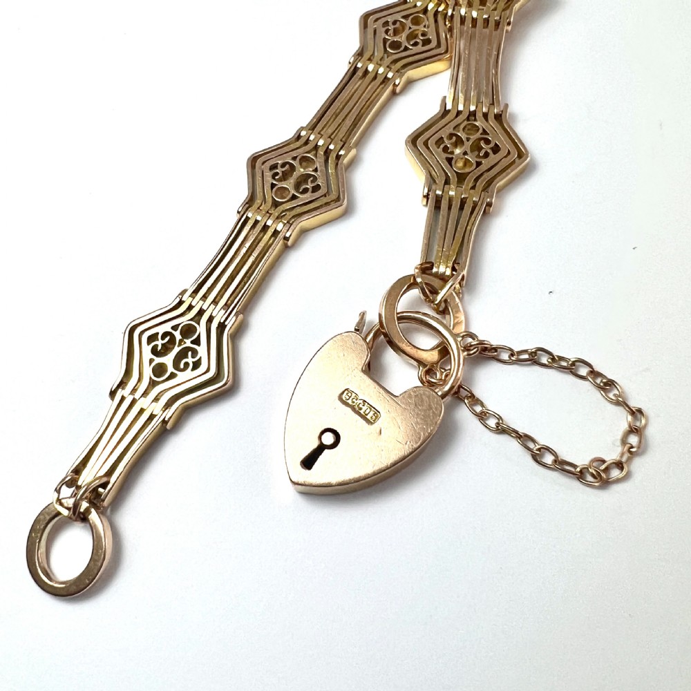 Antique 9CT Rosy Gold Fancy Gate Bracelet with Padlock 18.8g View VI