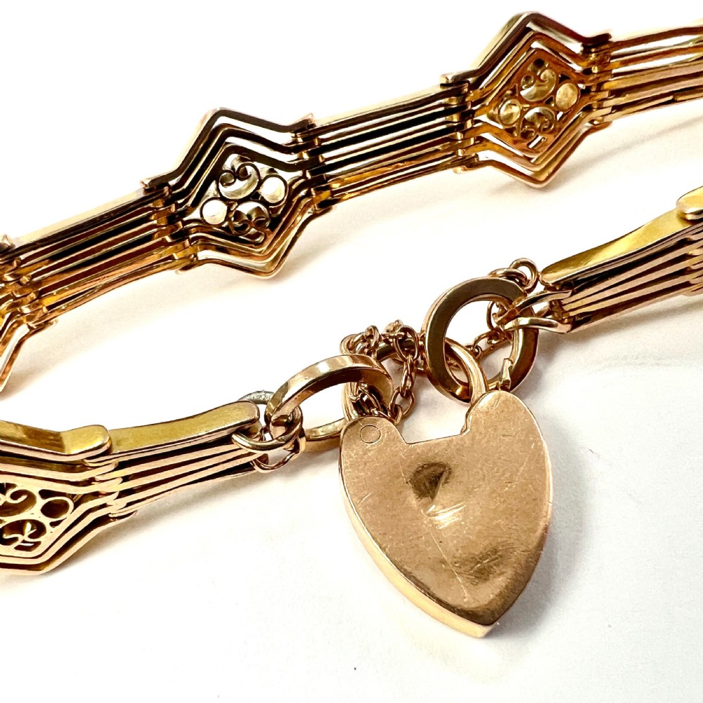 Antique 9CT Rosy Gold Fancy Gate Bracelet with Padlock 18.8g View VII