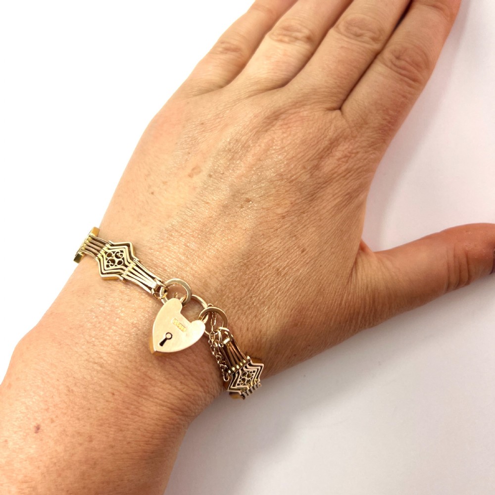 Antique 9CT Rosy Gold Fancy Gate Bracelet with Padlock 18.8g View VIII