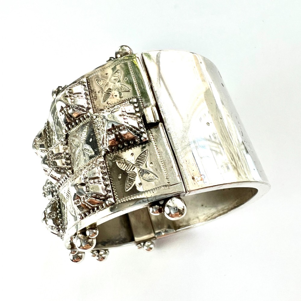 Victorian Heavy Sterling Silver Hinged Cuff Bangle View V
