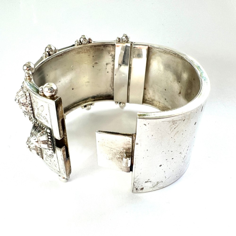 Victorian Heavy Sterling Silver Hinged Cuff Bangle View VI