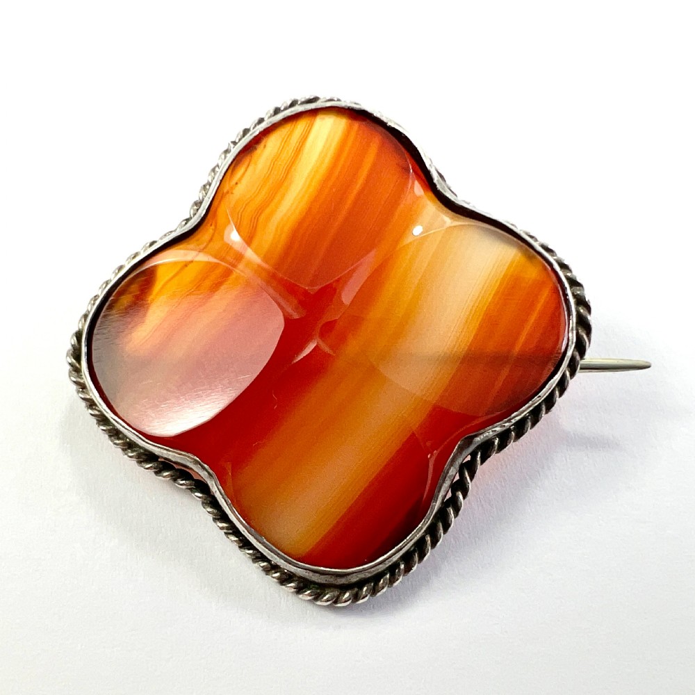 Victorian Scottish Silver Red Agate Quatrefoil Brooch  View II