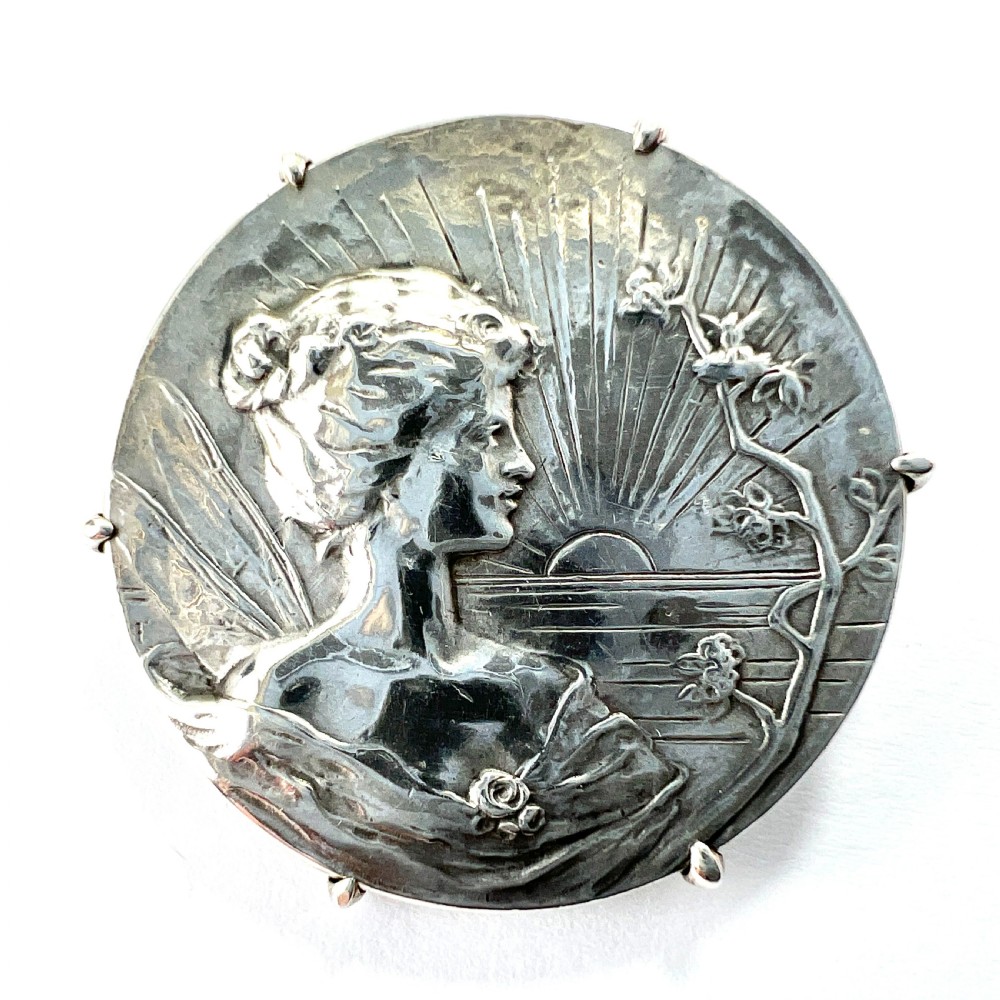 French Art Nouveau Silver Medallion Brooch