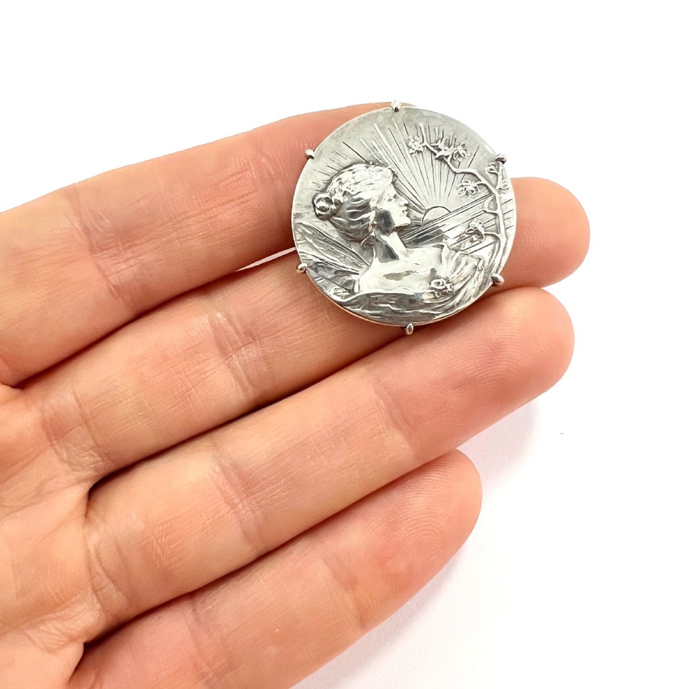French Art Nouveau Silver Medallion Brooch View VII