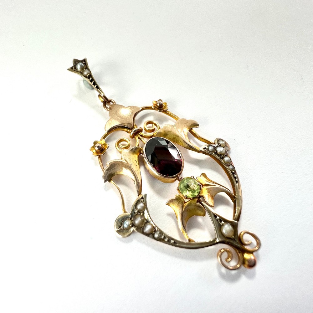 Edwardian 9CT Rose Gold Pearl Garnet and Peridot Lavalier Pendant
