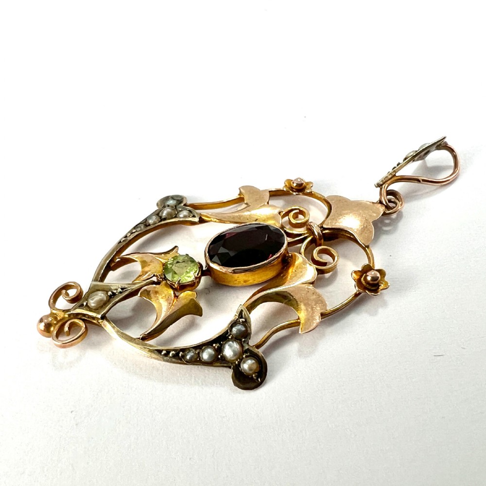 Edwardian 9CT Rose Gold Pearl Garnet and Peridot Lavalier Pendant View III