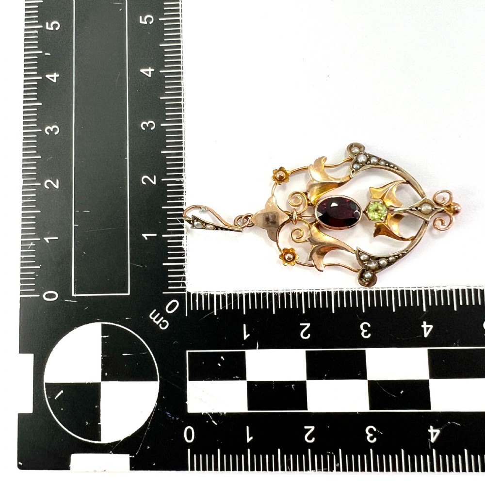 Edwardian 9CT Rose Gold Pearl Garnet and Peridot Lavalier Pendant View IV