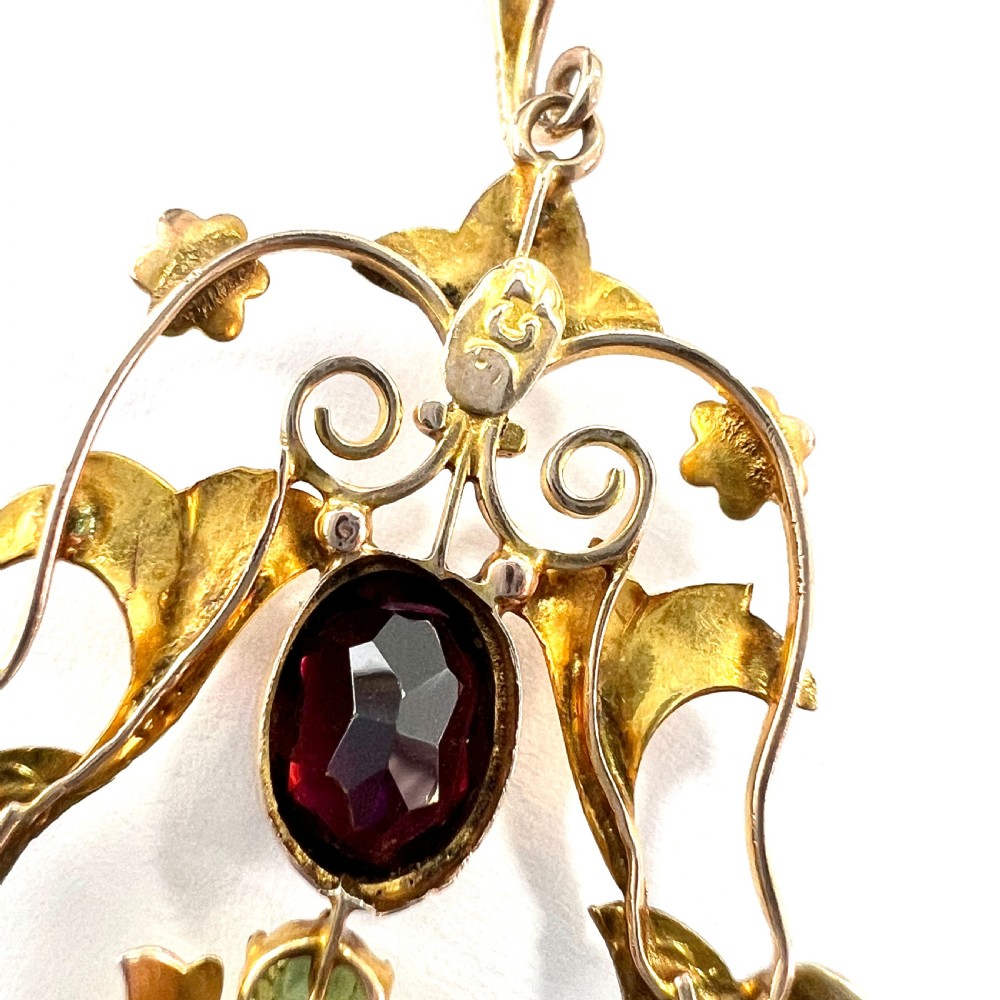 Edwardian 9CT Rose Gold Pearl Garnet and Peridot Lavalier Pendant View V