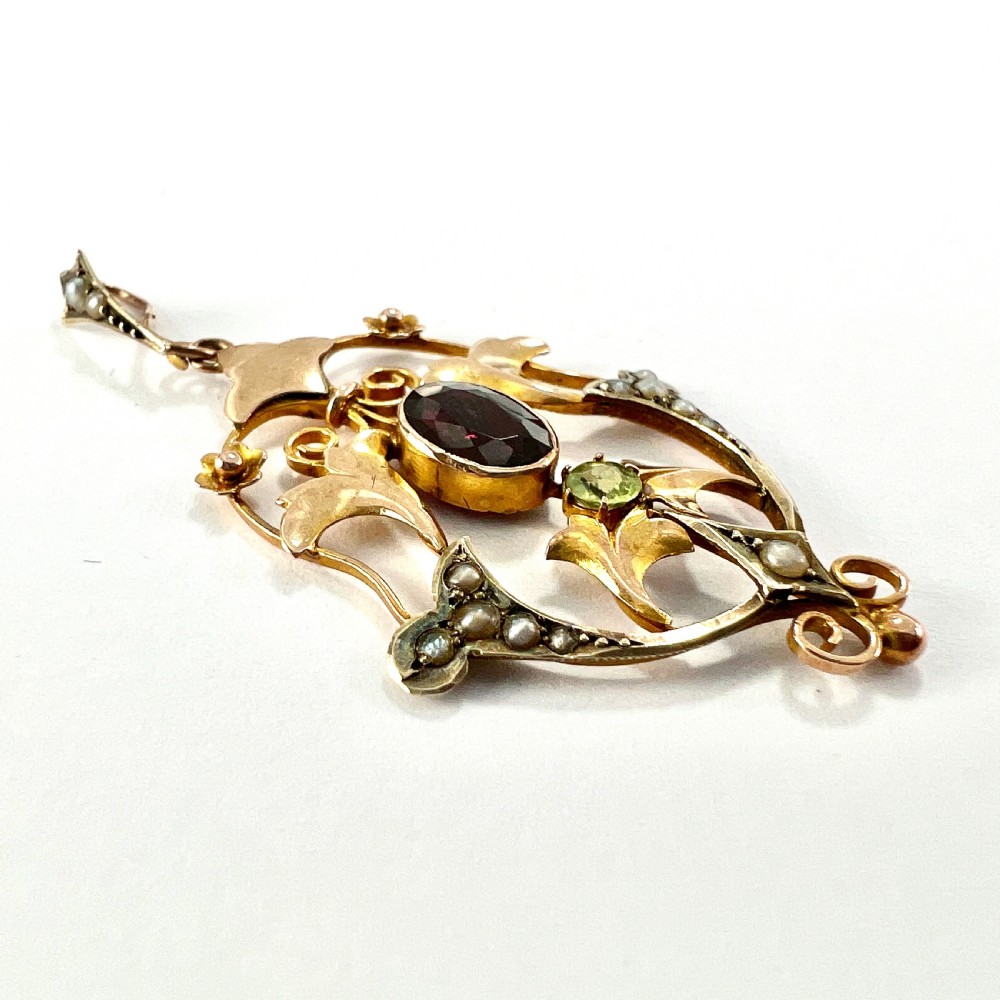 Edwardian 9CT Rose Gold Pearl Garnet and Peridot Lavalier Pendant View VII