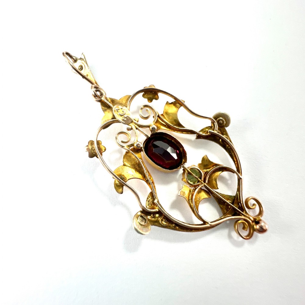 Edwardian 9CT Rose Gold Pearl Garnet and Peridot Lavalier Pendant View VIII