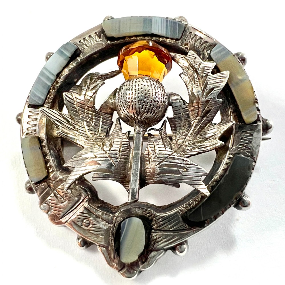 Vintage 1925 Scottish Silver Blue Lace Agate Thistle Brooch by Adie & Lovekin View II