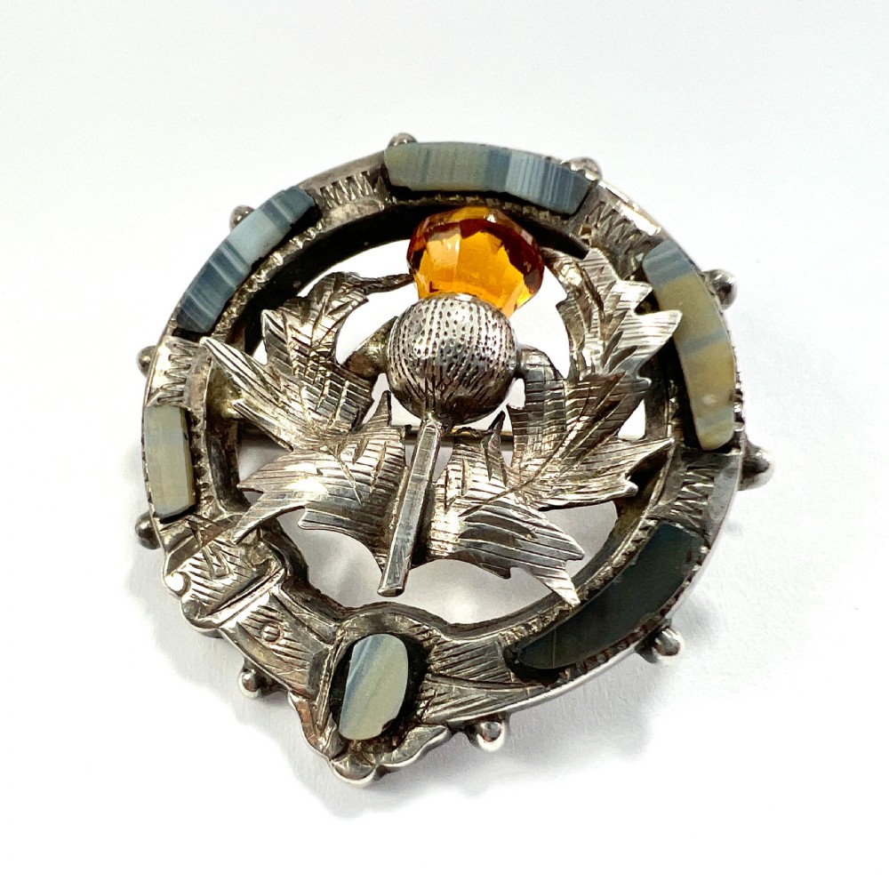 Vintage 1925 Scottish Silver Blue Lace Agate Thistle Brooch by Adie & Lovekin View IV