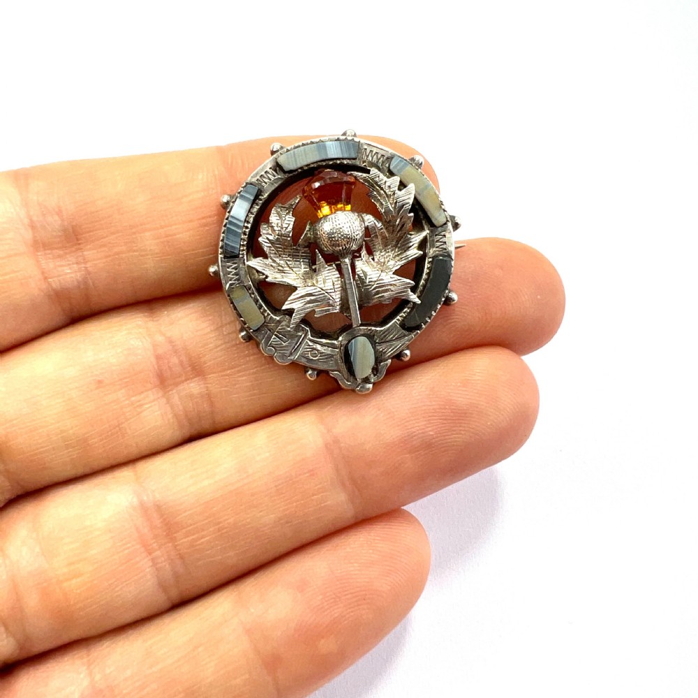 Vintage 1925 Scottish Silver Blue Lace Agate Thistle Brooch by Adie & Lovekin View V