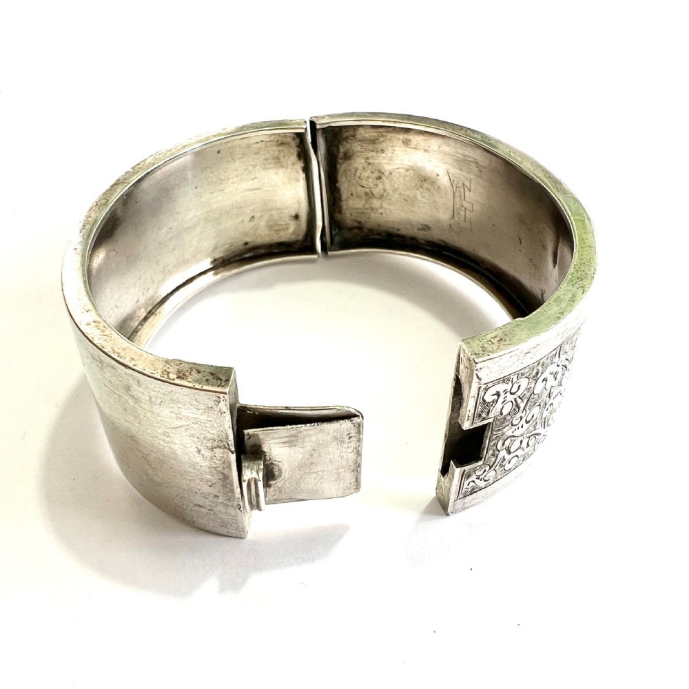 Victorian Wide Silver Hinged Cuff Bangle  View VI
