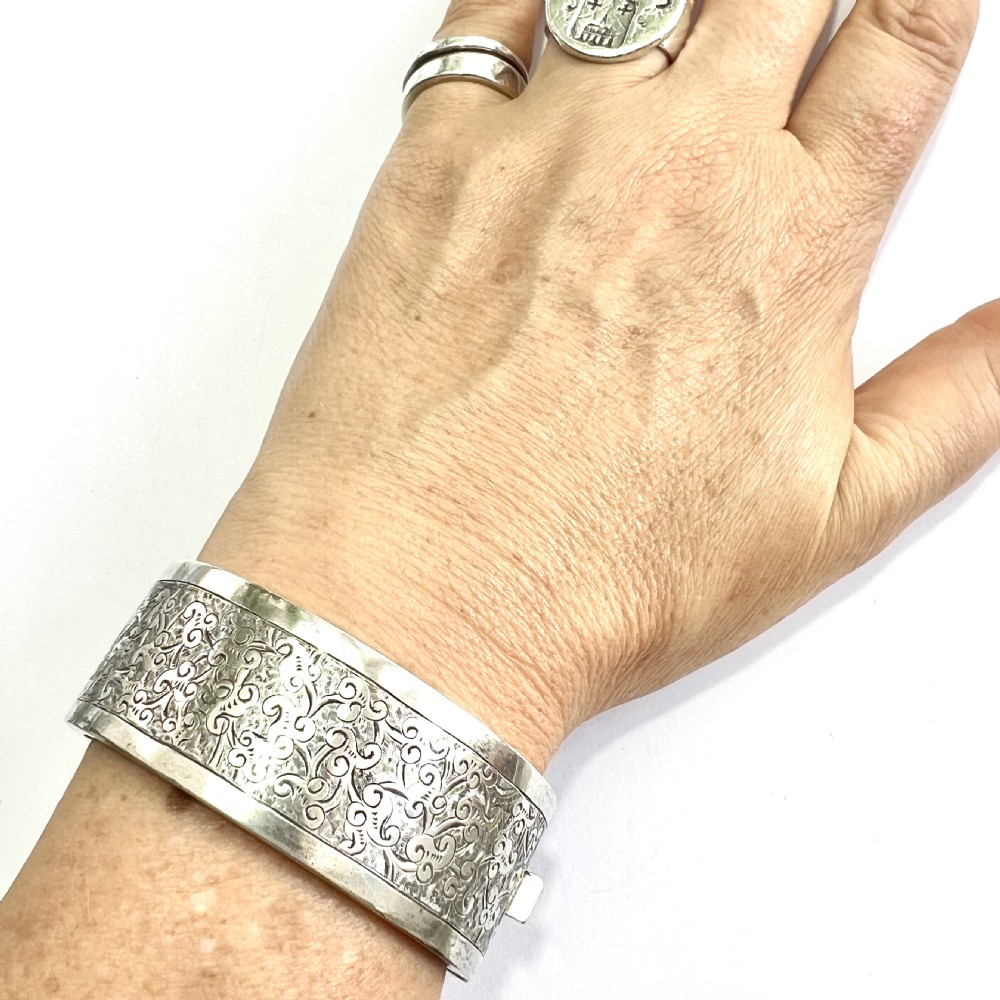 Victorian Wide Silver Hinged Cuff Bangle  View IX