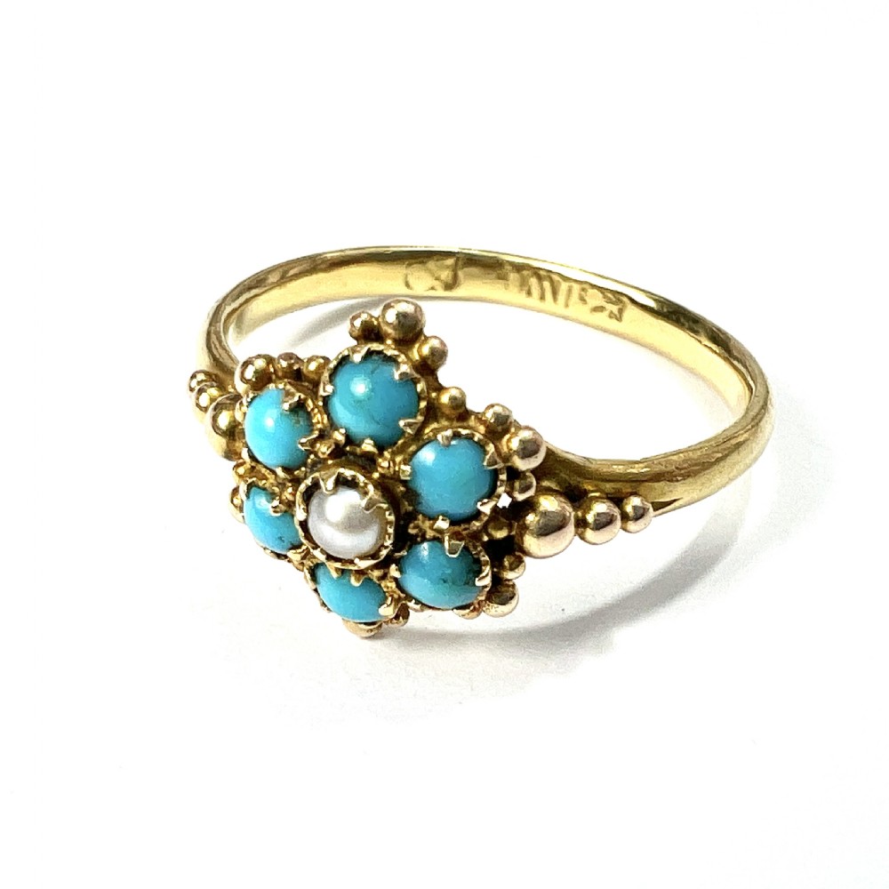 Victorian 18CT Gold Turquoise Pearl Flower Cluster Ring View III